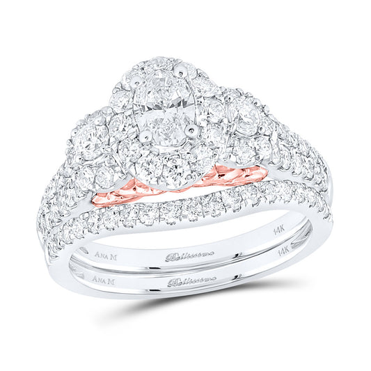 14K Two-tone Gold Oval Diamond Halo Bridal Wedding Ring Band Set 1-1/2 Cttw, Womens Size: 5-10