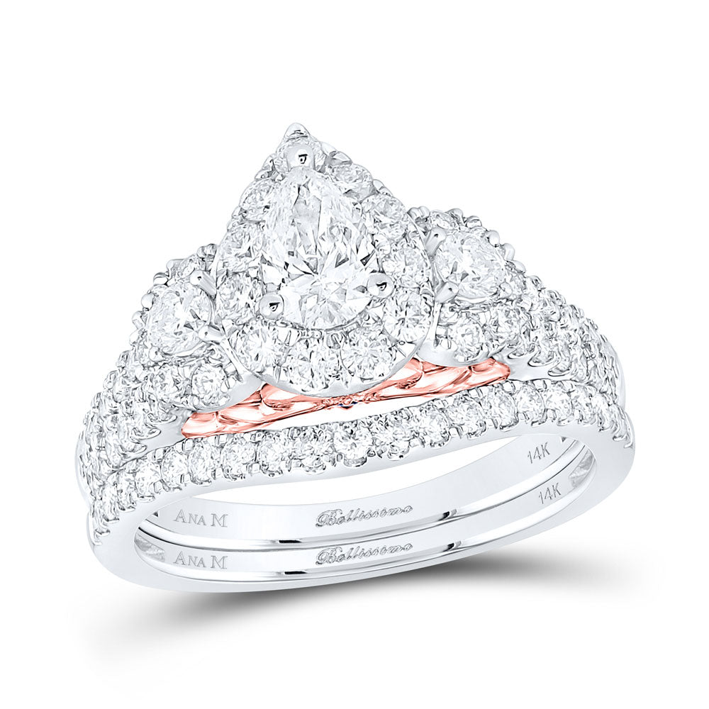 14K Two-tone Gold Pear Diamond Halo Bridal Wedding Ring Band Set 1-1/2 Cttw, Womens Size: 5-10