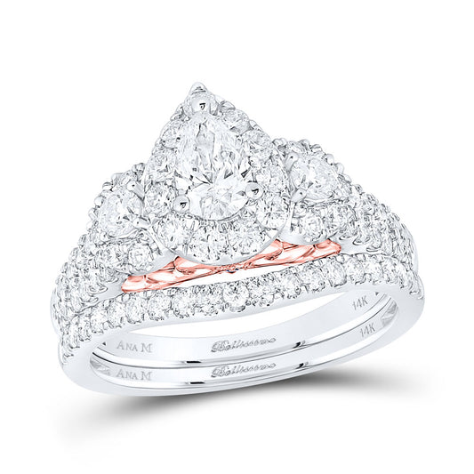 14K Two-tone Gold Pear Diamond Halo Bridal Wedding Ring Band Set 1-1/2 Cttw, Womens Size: 5-10
