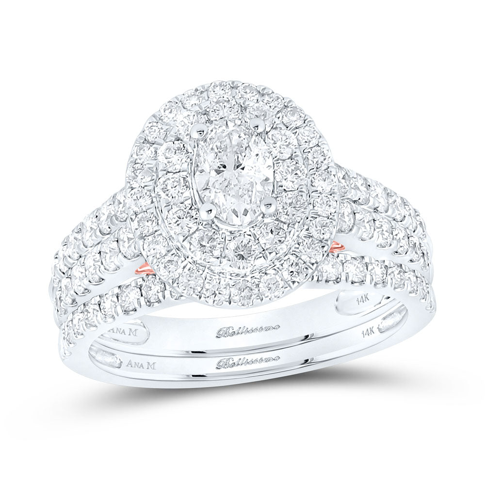 14K Two-tone Gold Oval Diamond Halo Bridal Wedding Ring Band Set 2 Cttw, Womens Size: 5-10