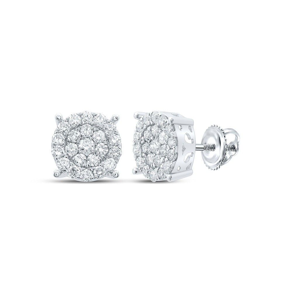 10K White Gold Womens Round Diamond Cluster Earrings 1 Cttw, Length: 0.37 In, Width: 0.37 In