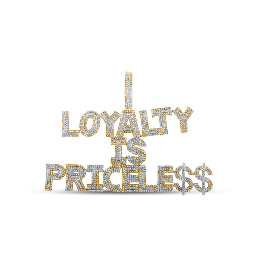 10K Yellow Gold Mens Round Diamond Loyalty Priceless Phrase Charm Pendant 2-7/8 Cttw