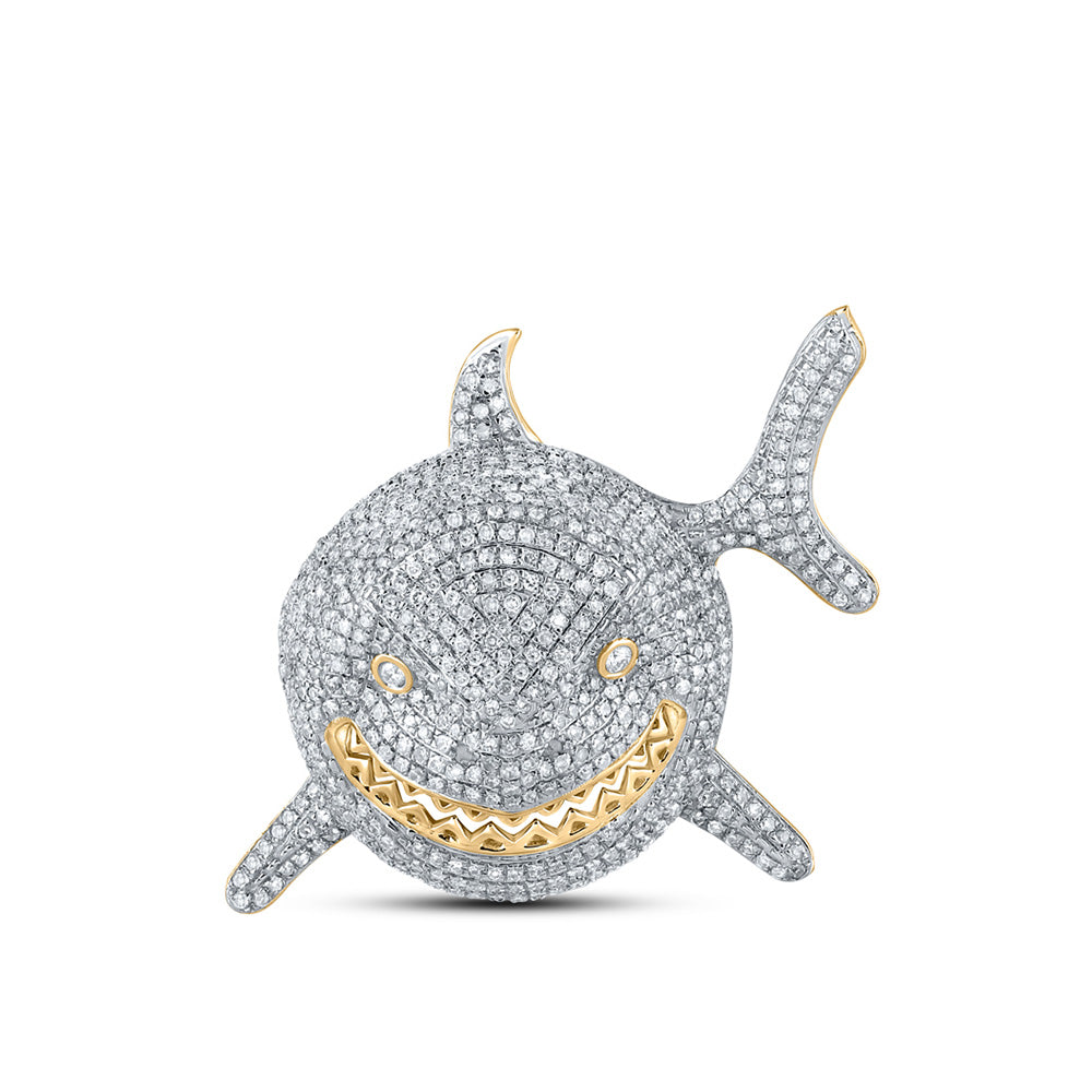 10K Yellow Gold Mens Round Diamond Shark Animal Charm Pendant 1-7/8 Cttw