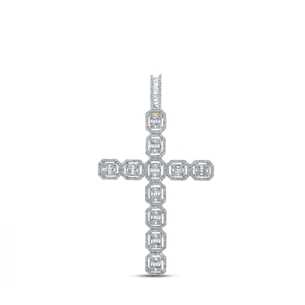 10K Yellow Gold Mens Baguette Diamond Cross Charm Pendant 2-1/3 Cttw, Length: 2.87 In, Width: 1.66 In