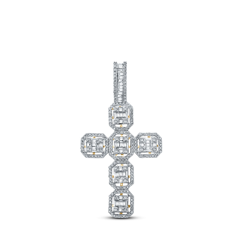 10K Yellow Gold Mens Baguette Diamond Cross Charm Pendant 1 Cttw, Length: 1.8 In, Width: 0.98 In