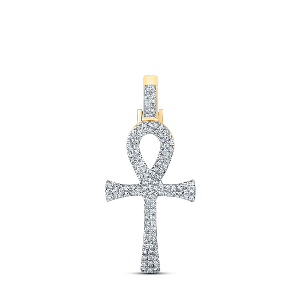 10K Yellow Gold Mens Round Diamond Ankh Cross Charm Pendant 1/3 Cttw, Length: 1.31 In, Width: 0.6 In