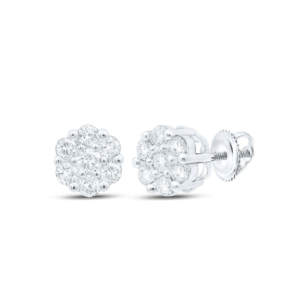 10K Yellow Or White Or Rose Gold Womens Round Diamond Flower Cluster Earrings