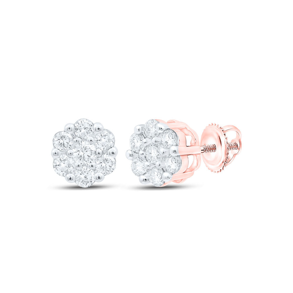 10K Yellow Or White Or Rose Gold Womens Round Diamond Flower Cluster Earrings