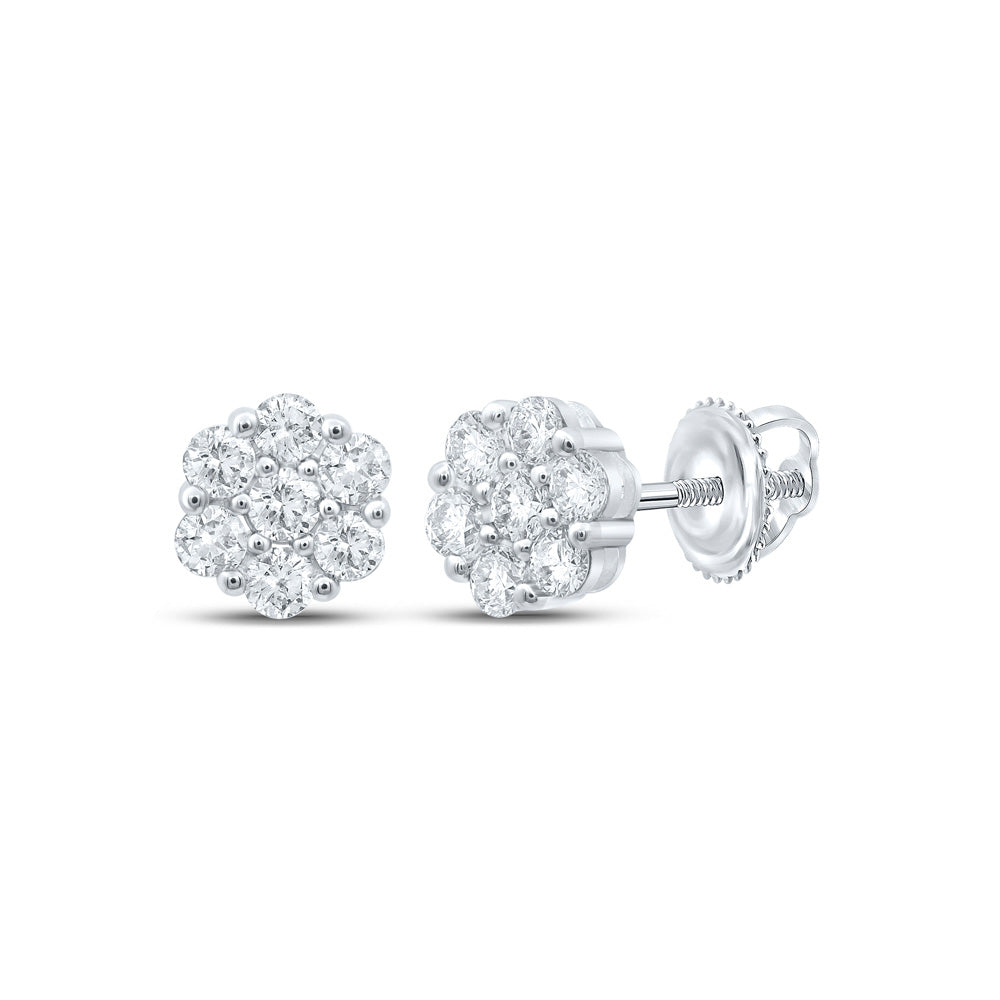 14K White Or Yellow Gold Womens Round Diamond Flower Cluster Earrings