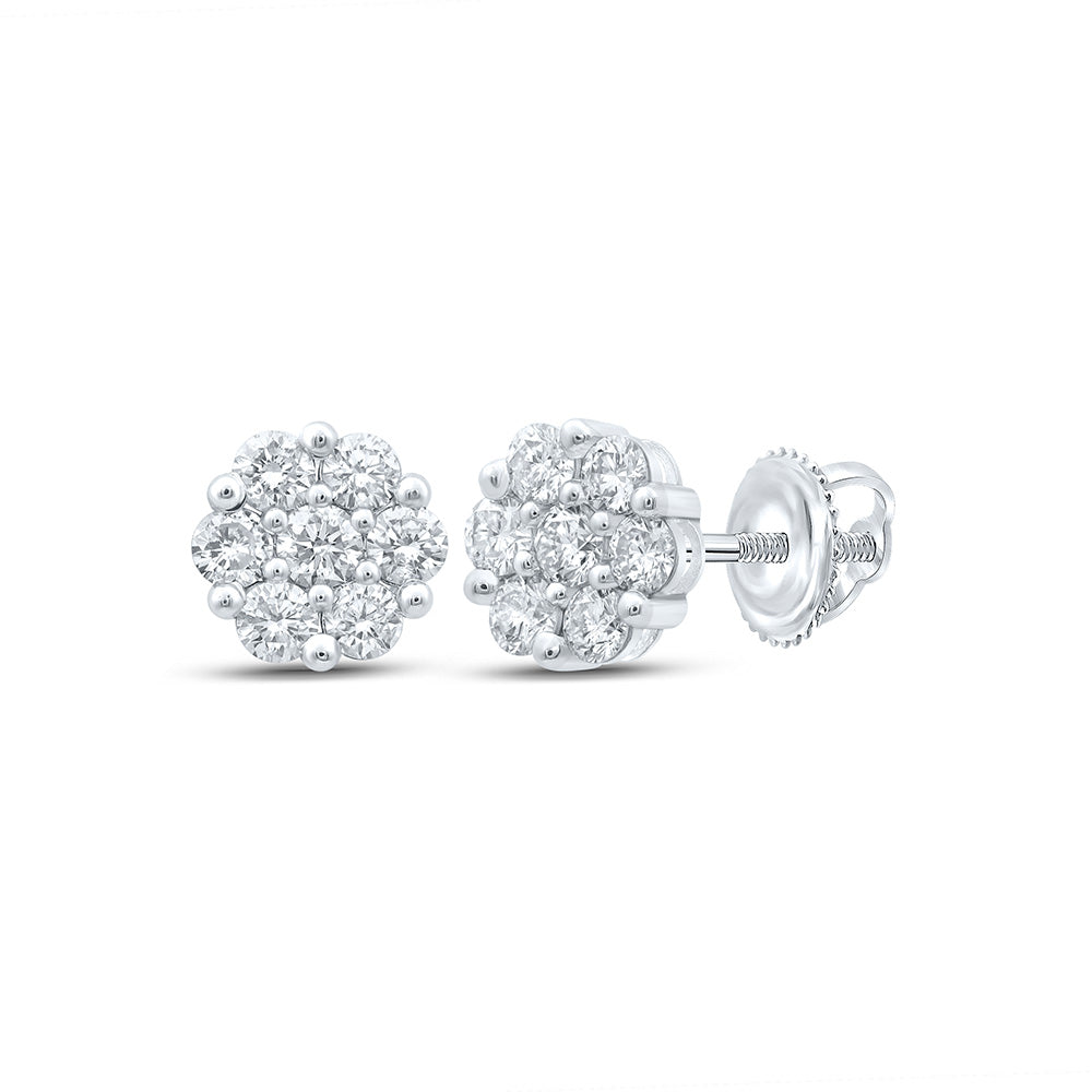 14K White Or Yellow Gold Womens Round Diamond Flower Cluster Earrings