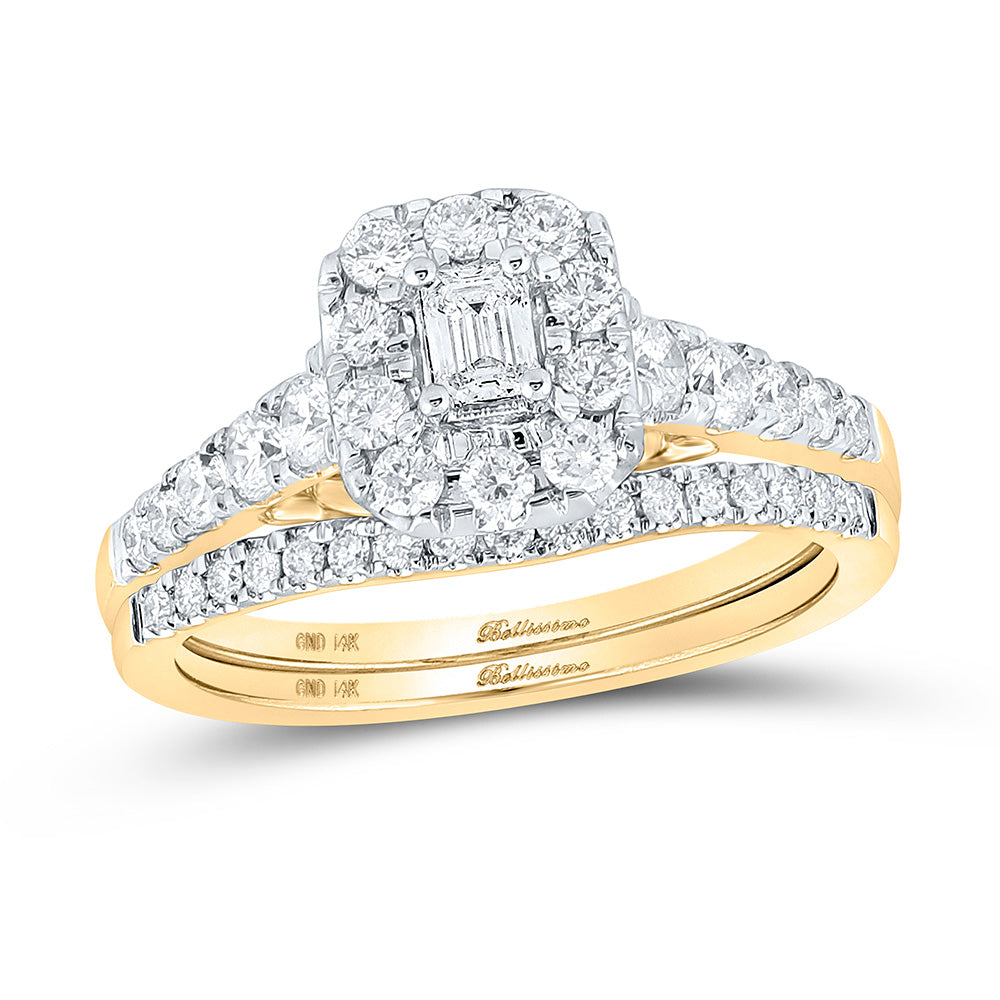 14K White Or Yellow Gold Emerald Diamond Halo Bridal Wedding Ring Band Set , Womens Size: 5-10