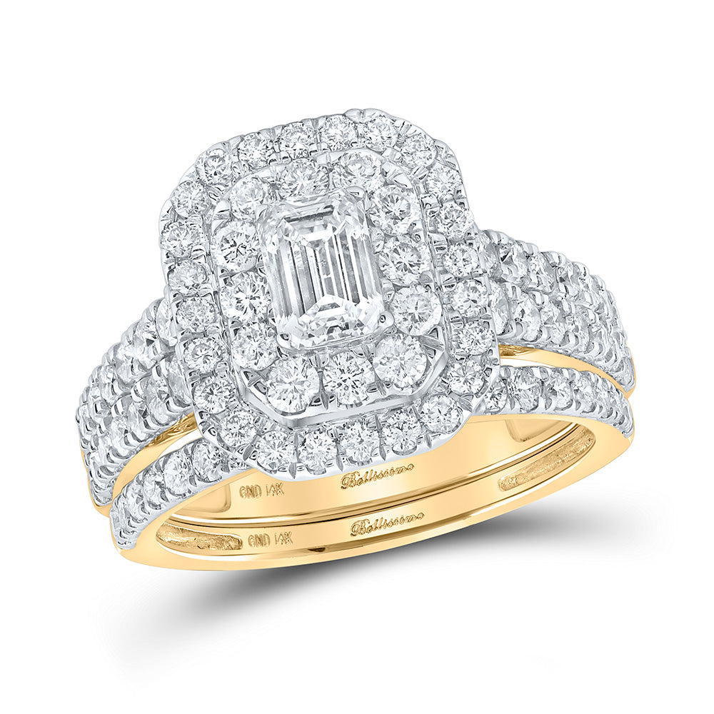 14K White Or Yellow Gold Emerald Diamond Halo Bridal Wedding Ring Band Set , Womens Size: 5-10