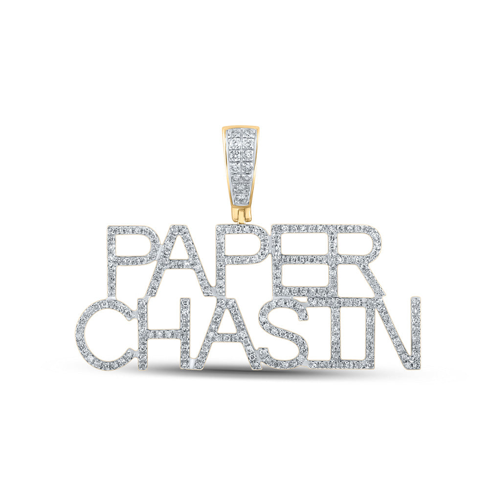 10K Yellow Gold Mens Round Diamond Paper Chasin Phrase Charm Pendant 5/8 Cttw