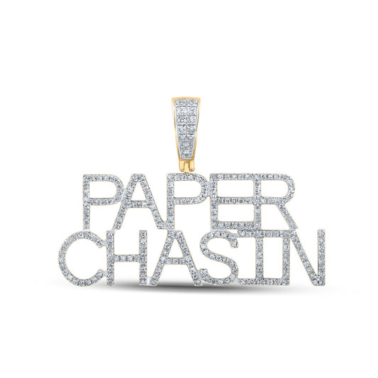 10K Yellow Gold Mens Round Diamond Paper Chasin Phrase Charm Pendant 5/8 Cttw