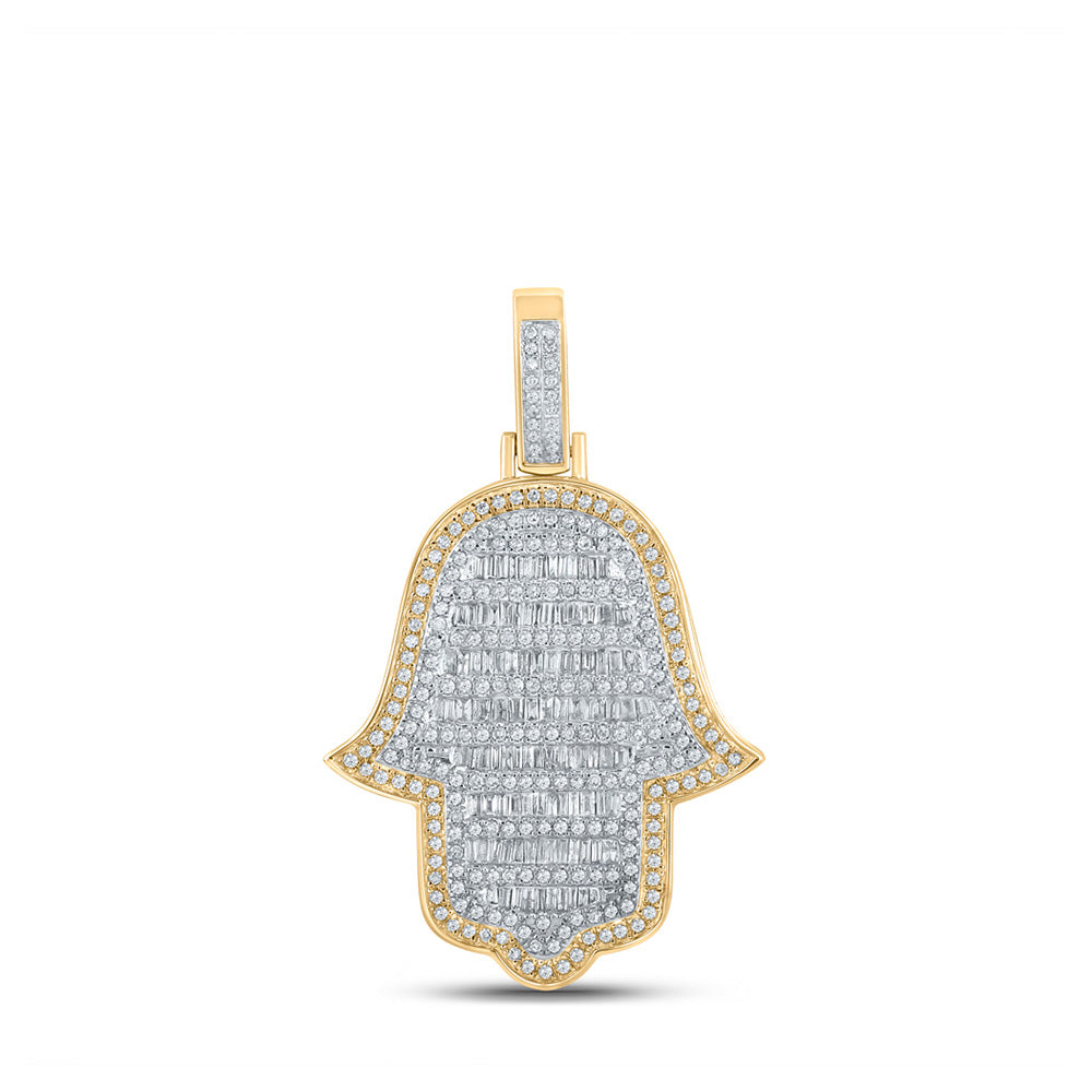 10K Yellow Gold Mens Baguette Diamond Hamsa Charm Pendant 1-5/8 Cttw, Length: 1.66 In, Width: 1 In