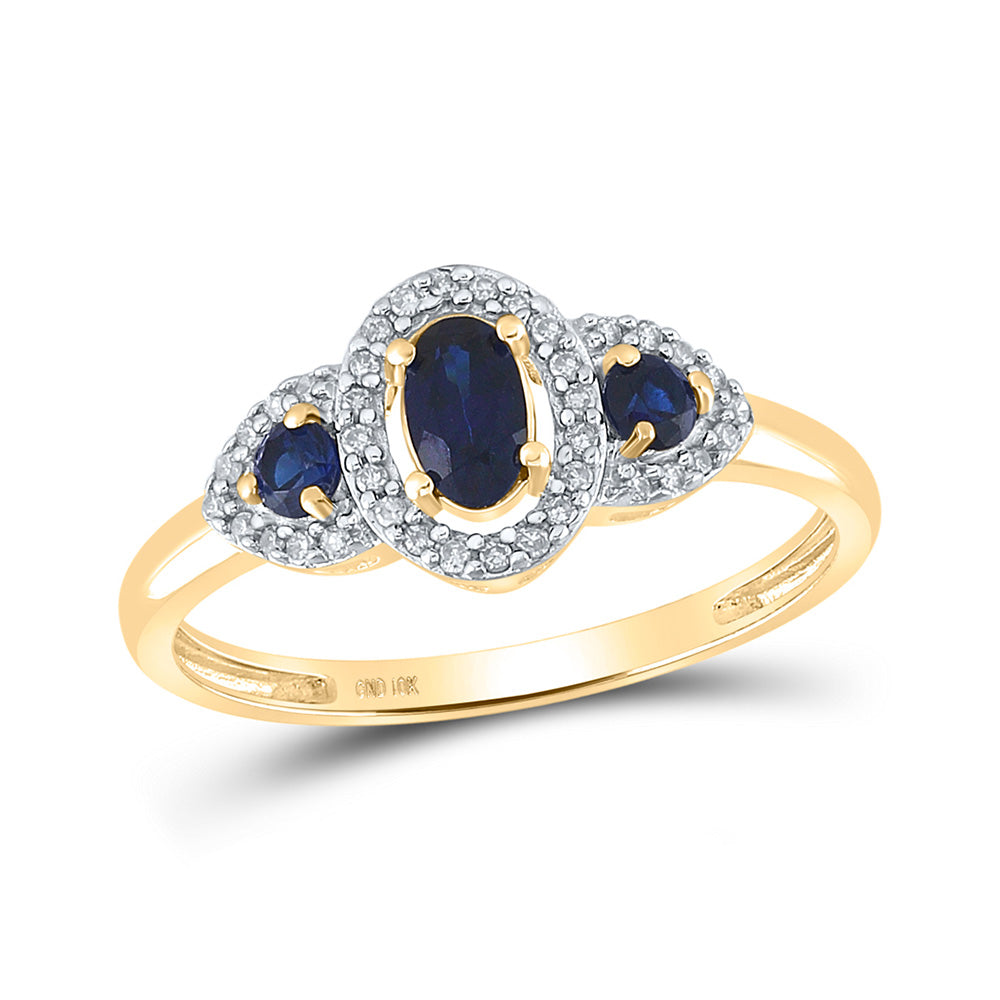 10K Yellow Gold Womens Oval Synthetic Blue Sapphire 3-stone Ring 5/8 Cttw, Womens Size: 5-10