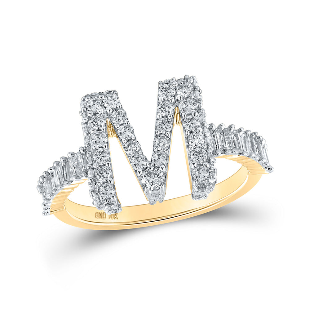 10K Yellow Gold Womens Baguette Diamond Initial M Letter Ring 1 Cttw, Womens Size: 5-10