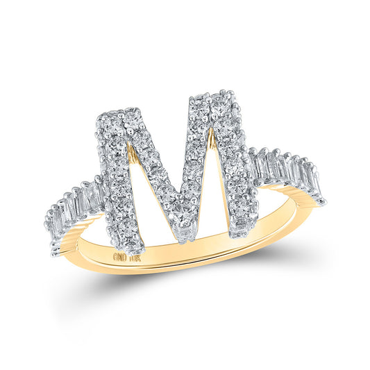 10K Yellow Gold Womens Baguette Diamond Initial M Letter Ring 1 Cttw, Womens Size: 5-10