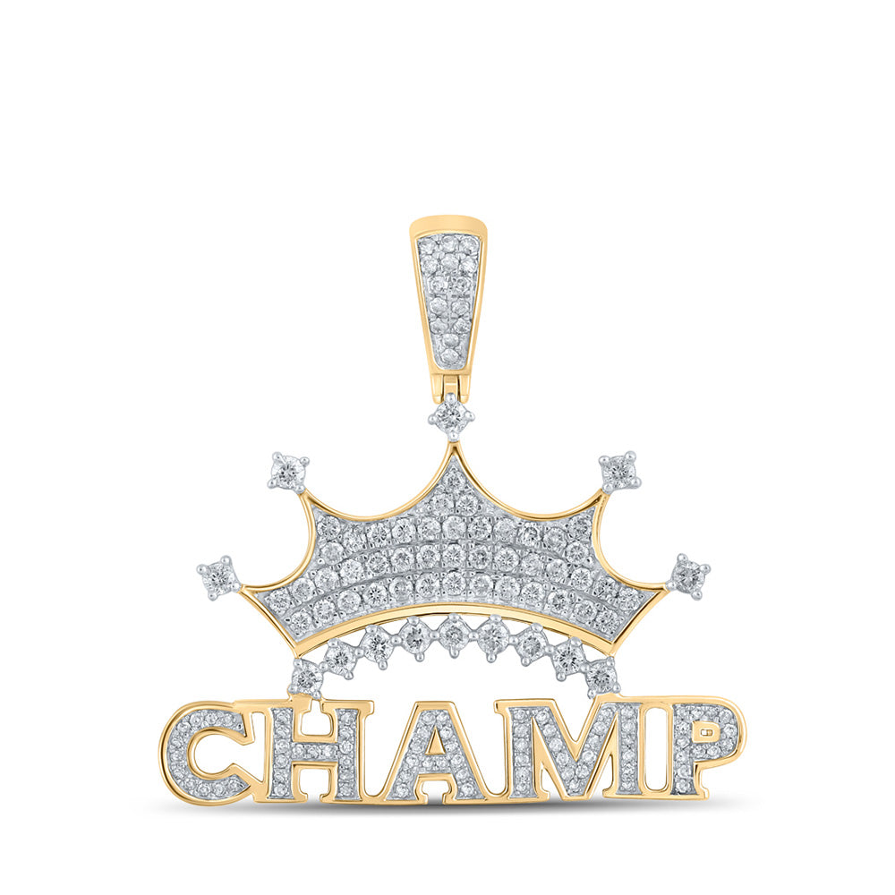 10K Yellow Gold Mens Round Diamond Champ Crown Phrase Charm Pendant 1-1/4 Cttw