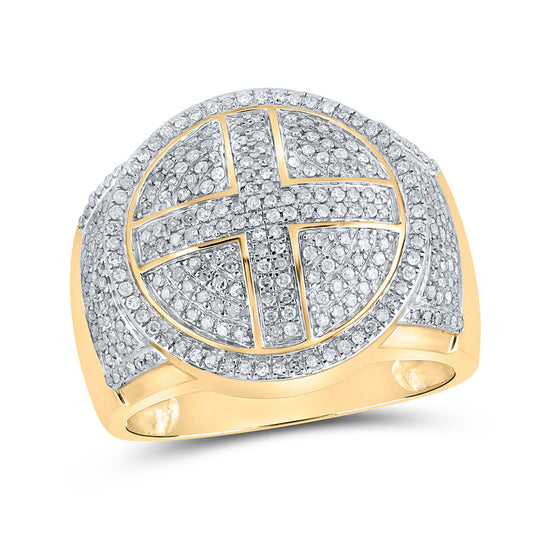 10K Yellow Gold Mens Round Diamond Cross Circle Ring 3/4 Cttw, Mens Size: 7-13