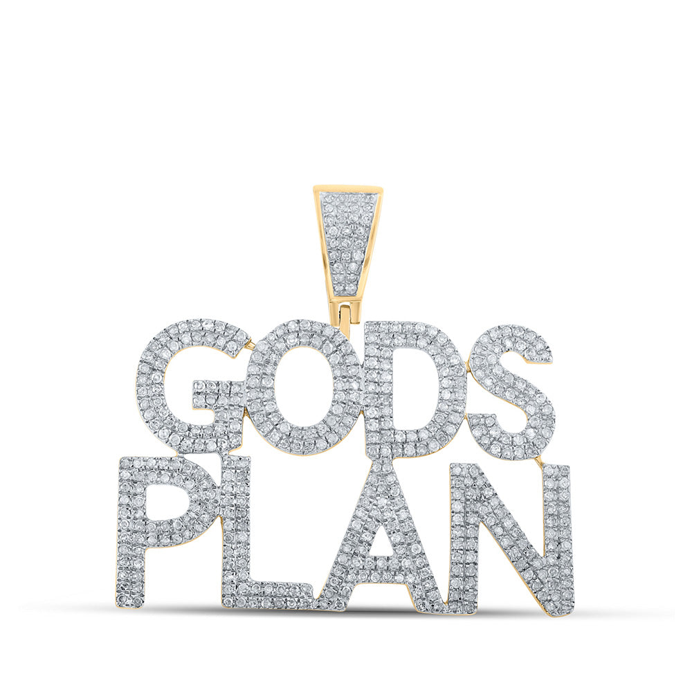 10K Yellow Gold Mens Round Diamond Gods Plan Phrase Charm Pendant 1 Cttw, Length: 1.39 In, Width: 1.45 In