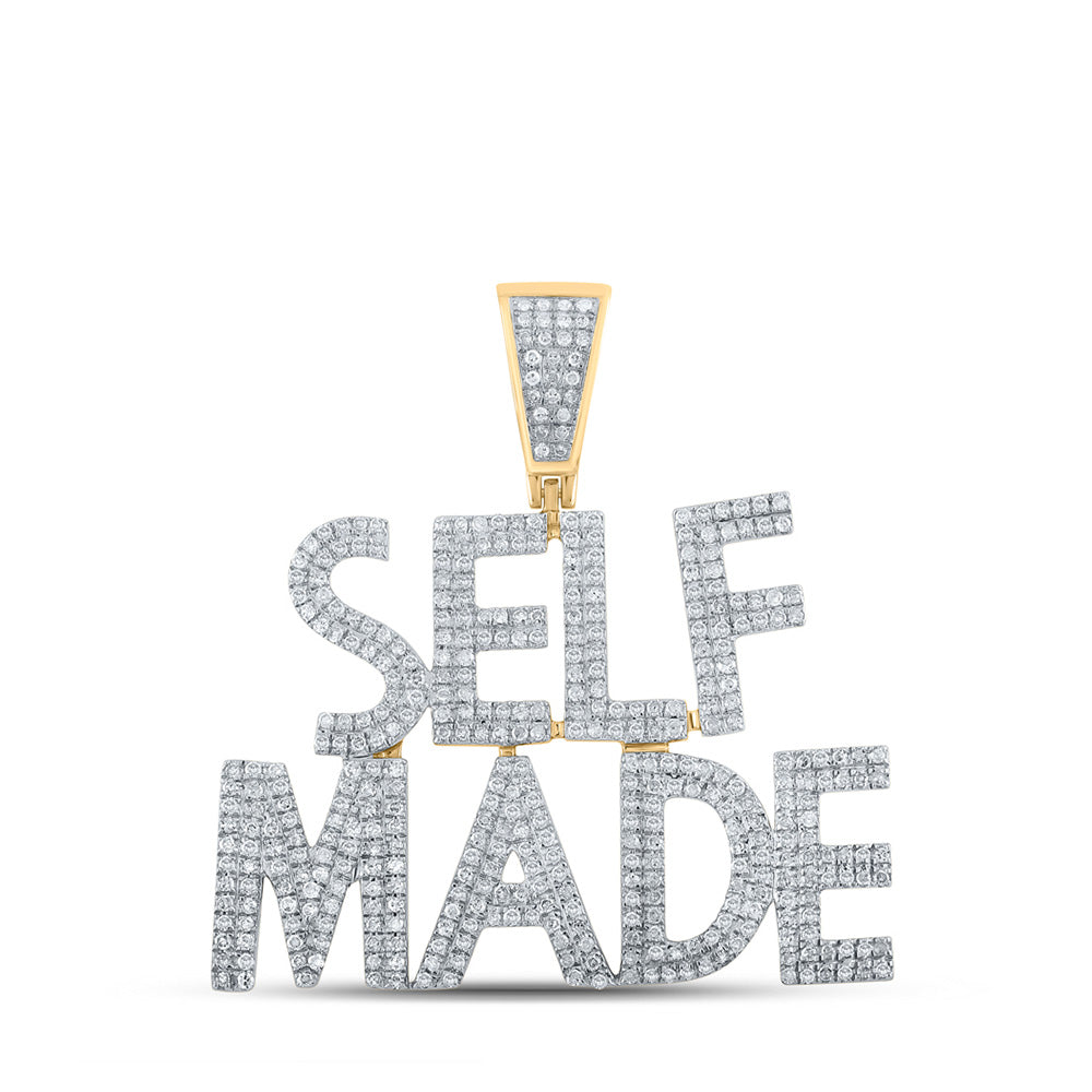 10K Yellow Gold Mens Round Diamond Self Made Phrase Charm Pendant 1 Cttw, Length: 1.51 In, Width: 1.42 In