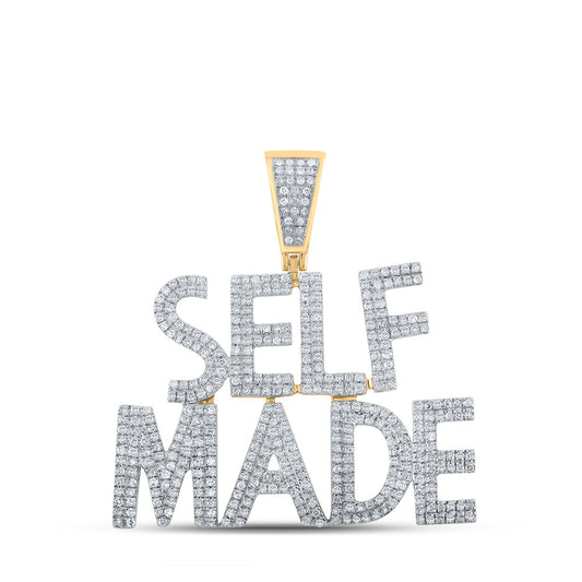 10K Yellow Gold Mens Round Diamond Self Made Phrase Charm Pendant 1 Cttw, Length: 1.51 In, Width: 1.42 In