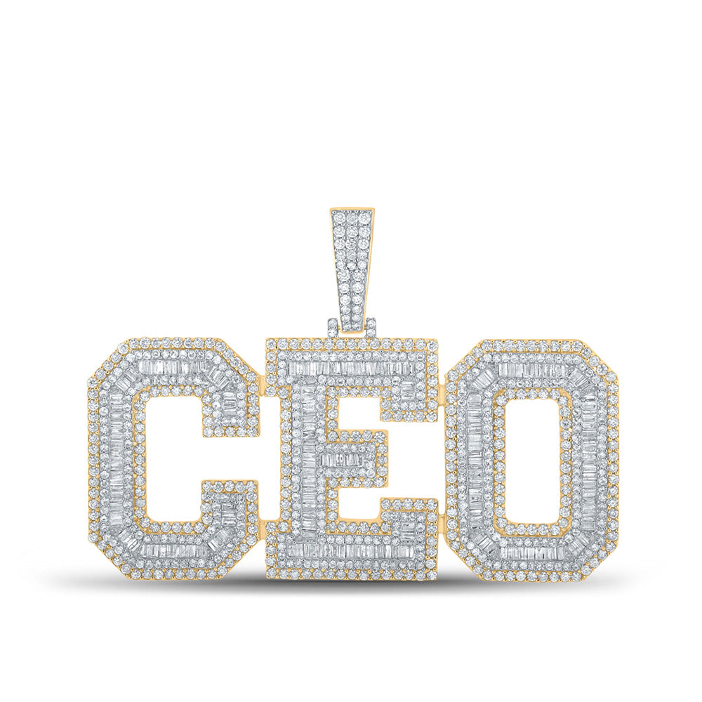 10K Yellow Gold Mens Baguette Diamond CEO Phrase Charm Pendant 6-3/4 Cttw, Length: 1.51 In, Width: 2.71 In