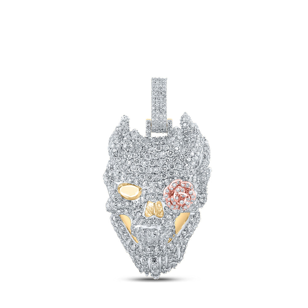 10K Yellow Gold Mens Round Diamond Skull Rose Charm Pendant 6-1/2 Cttw