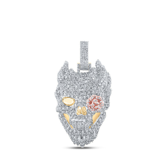 10K Yellow Gold Mens Round Diamond Skull Rose Charm Pendant 6-1/2 Cttw
