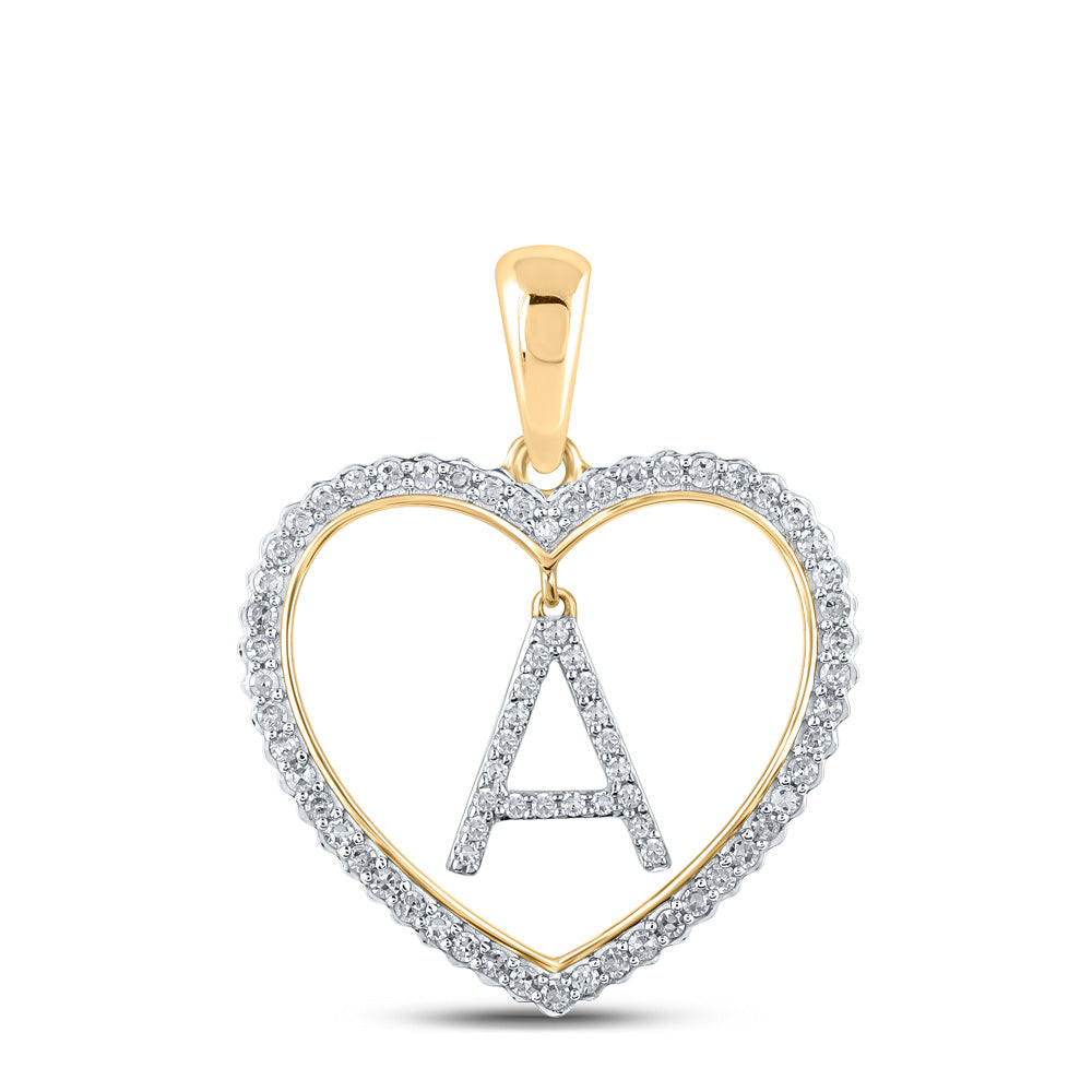 10K Yellow Gold Womens Round Diamond Heart A Letter Pendant 1/4 Cttw, Length: 1.06 In, Width: 0.79 In