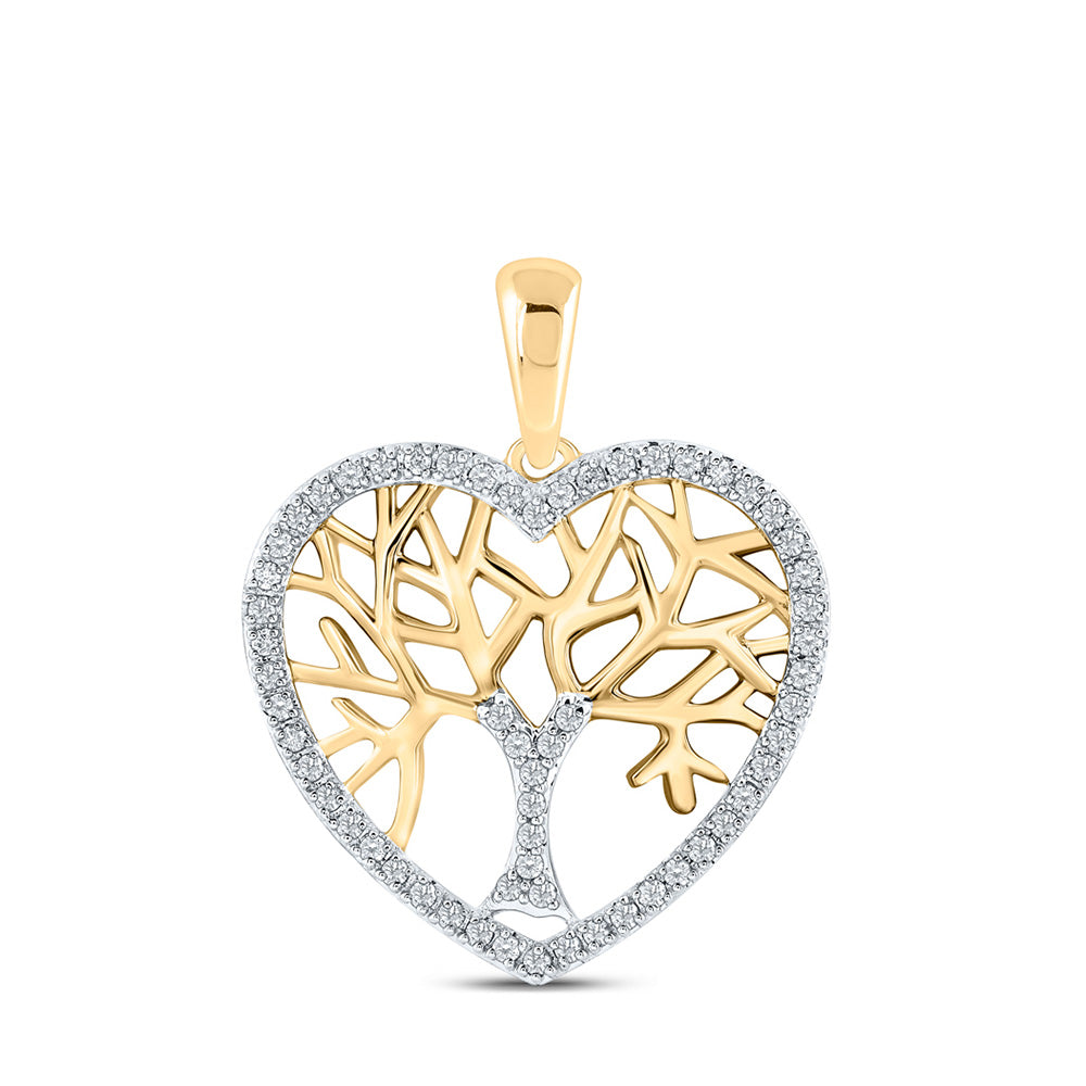 10K Yellow Gold Womens Round Diamond Tree of Life Heart Pendant 1/4 Cttw