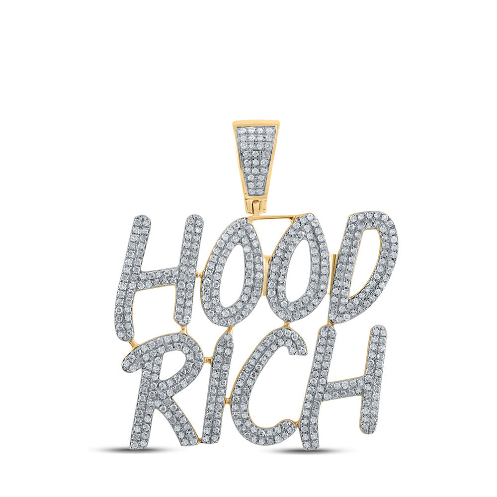 10K Yellow Gold Mens Round Diamond Hood Rich Phrase Charm Pendant 1-1/4 Cttw, Length: 1.54 In, Width: 1.3 In