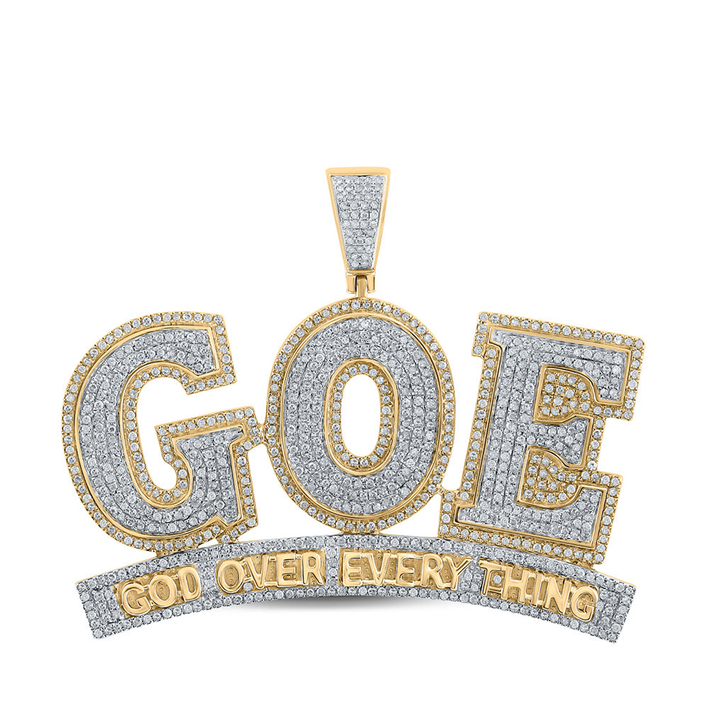 10K Yellow Gold Mens Round Diamond God Over Everything Phrase Charm Pendant 2-1/3 Cttw, Length: 1.97 In, Width: 2.36 In