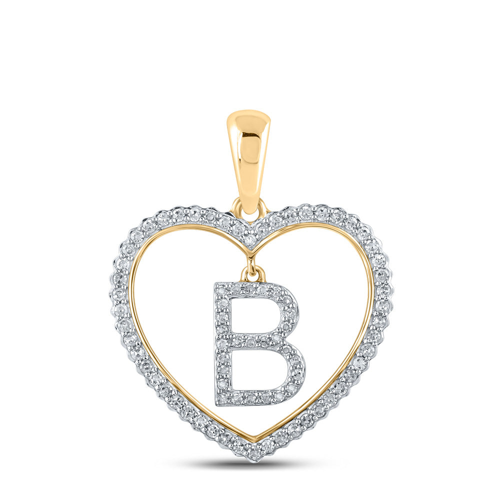 10K Yellow Gold Womens Round Diamond Heart B Letter Pendant 1/4 Cttw, Length: 1.06 In, Width: 0.79 In