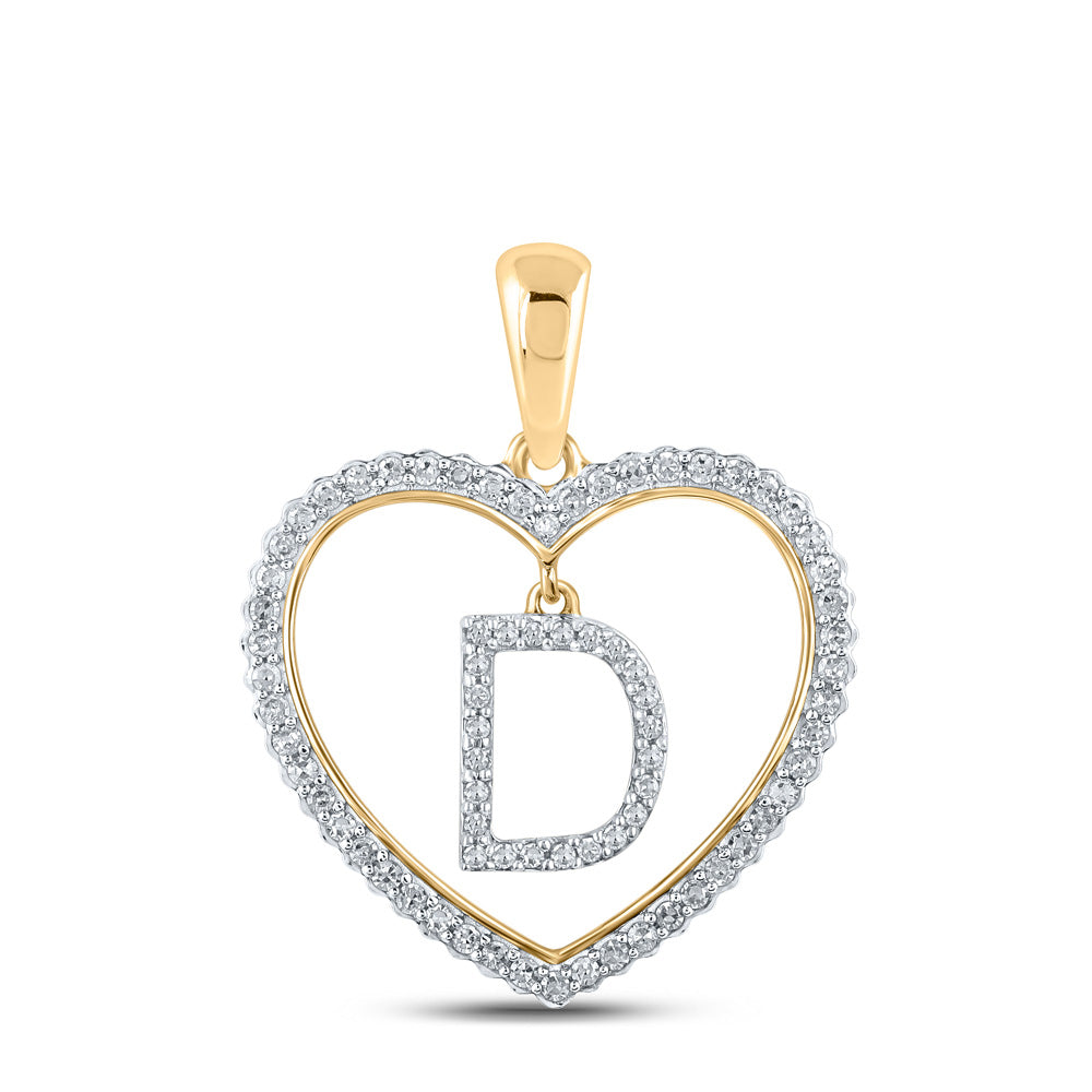 10K Yellow Gold Womens Round Diamond Heart D Letter Pendant 1/4 Cttw, Length: 1.06 In, Width: 0.79 In