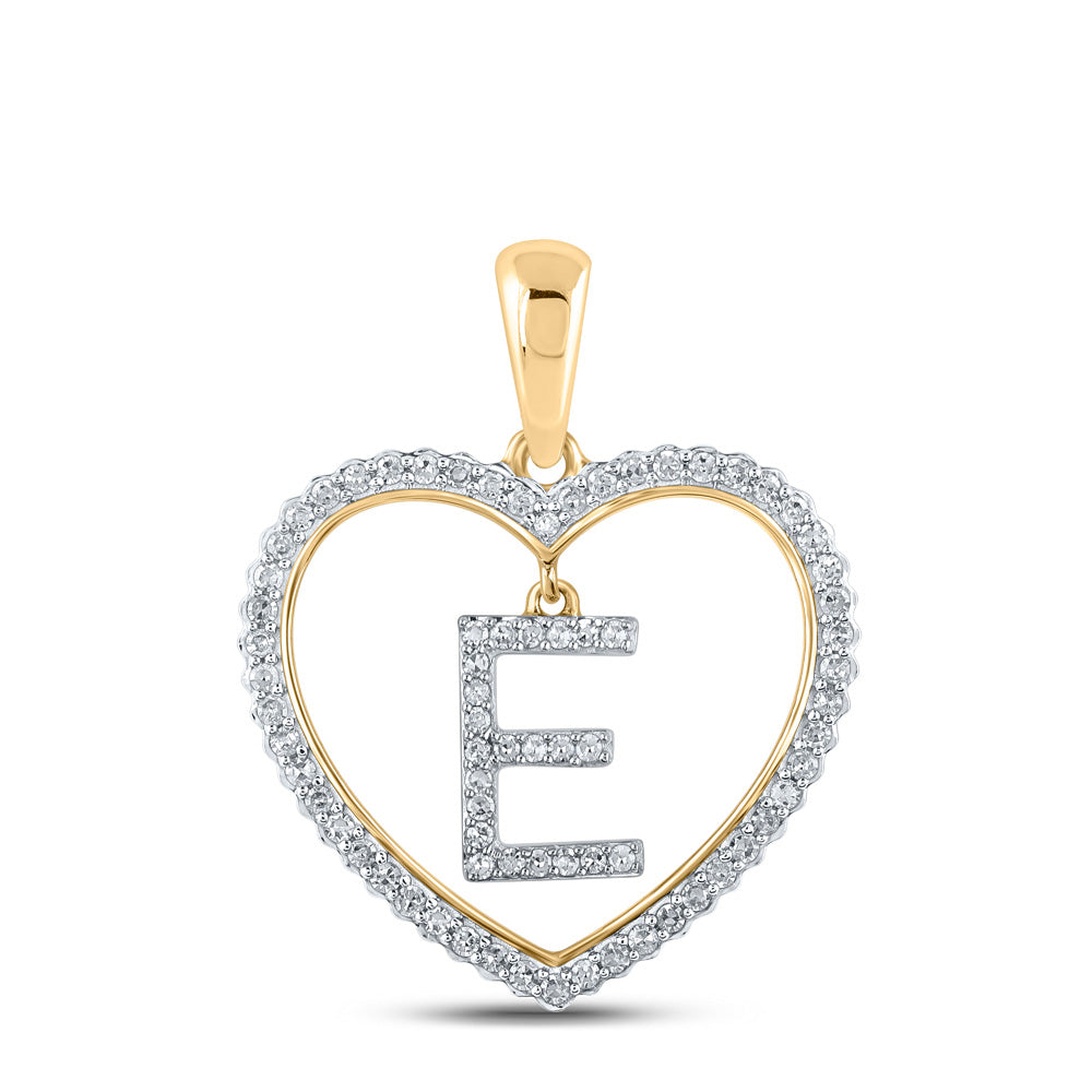 10K Yellow Gold Womens Round Diamond Heart E Letter Pendant 1/4 Cttw, Length: 1.06 In, Width: 0.79 In