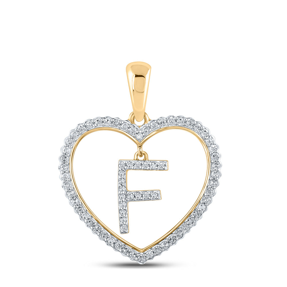 10K Yellow Gold Womens Round Diamond Heart F Letter Pendant 1/4 Cttw, Length: 1.06 In, Width: 0.79 In