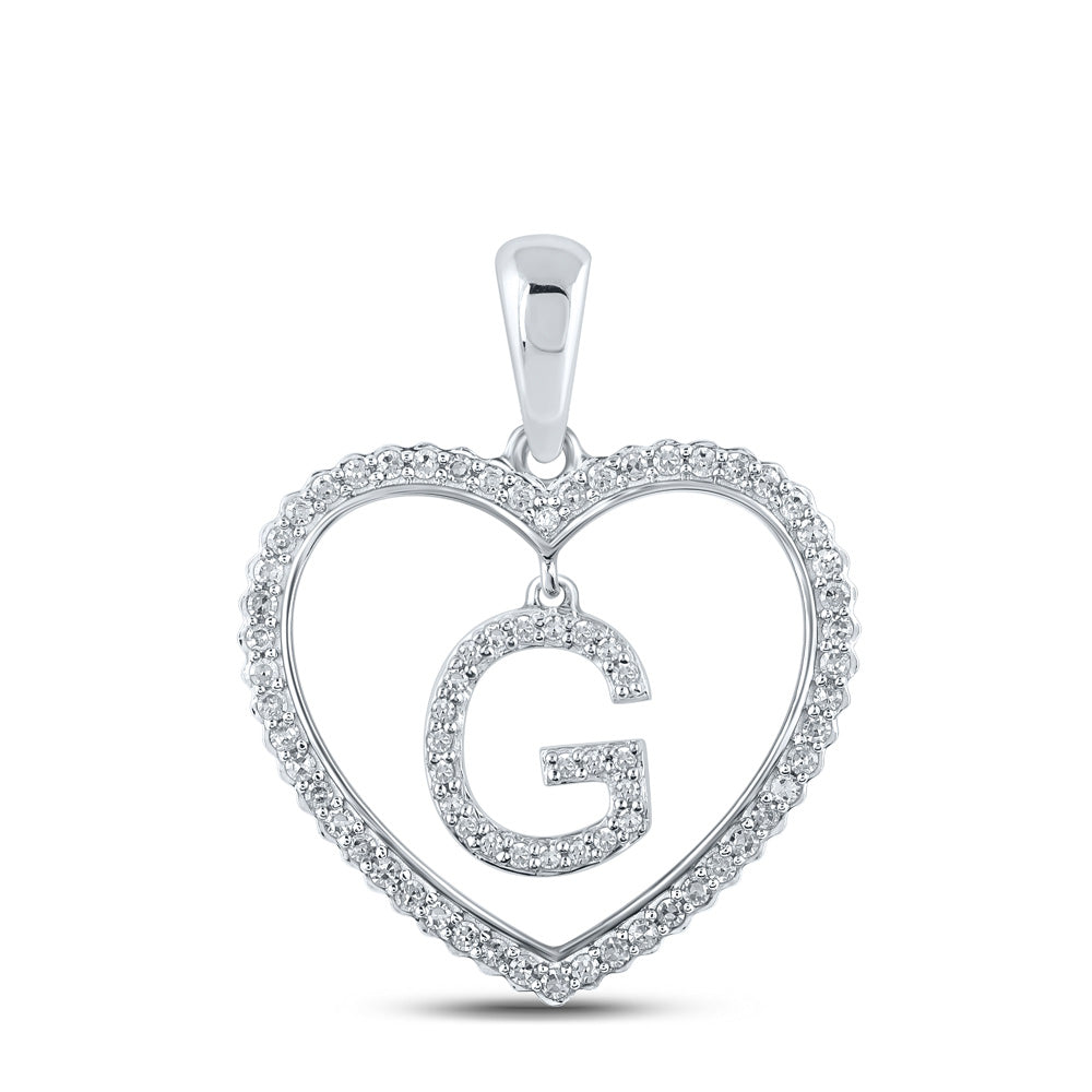 10K White Gold Womens Round Diamond Heart Letter Pendant