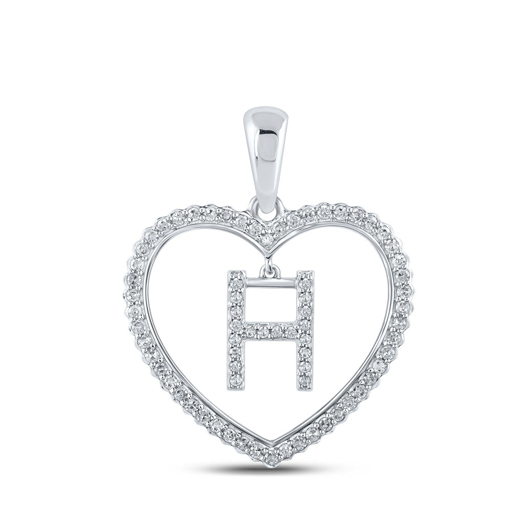 10K White Gold Womens Round Diamond Heart Letter Pendant