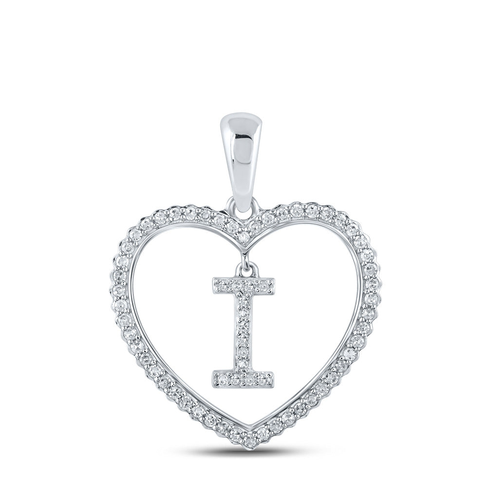 10K White Gold Womens Round Diamond Heart Letter Pendant
