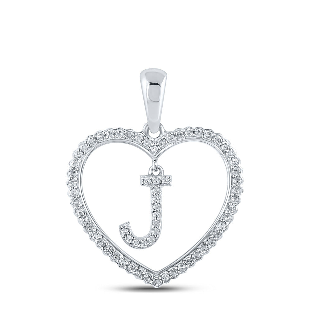 10K White Gold Womens Round Diamond Heart Letter Pendant