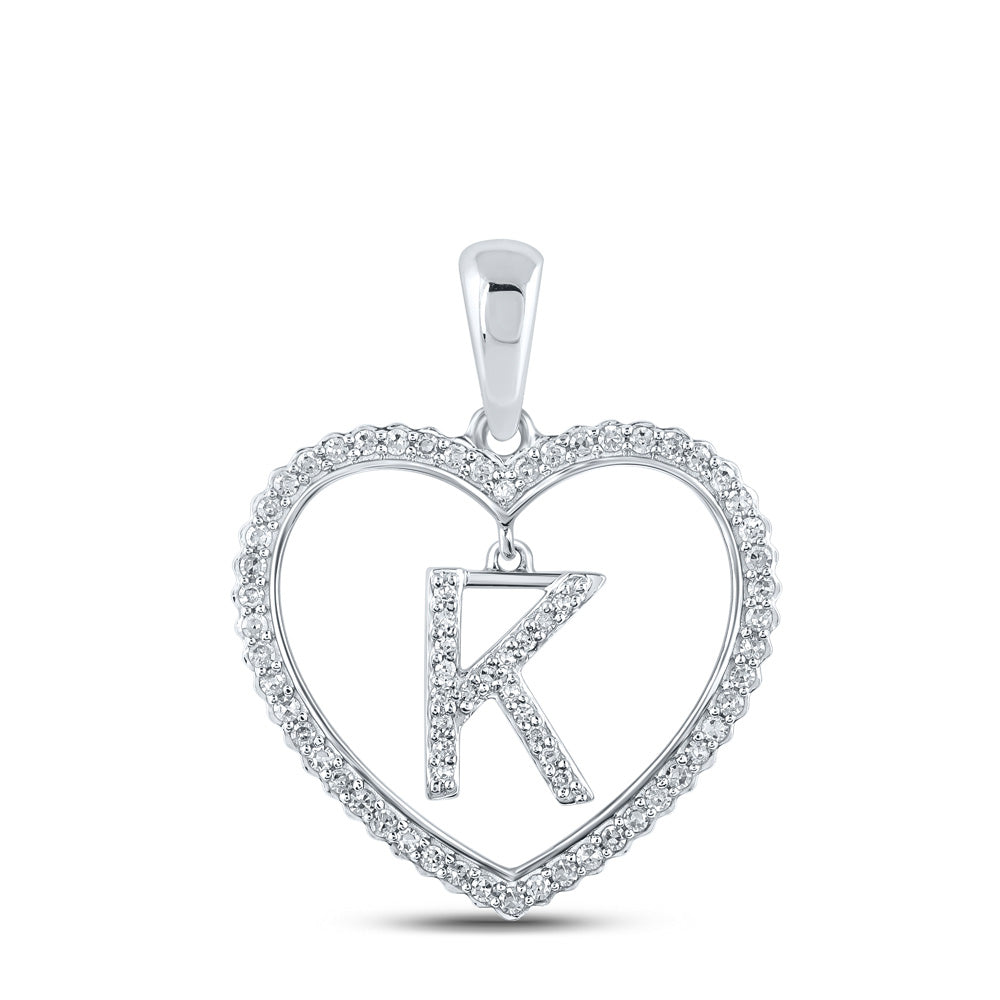 10K White Gold Womens Round Diamond Heart Letter Pendant