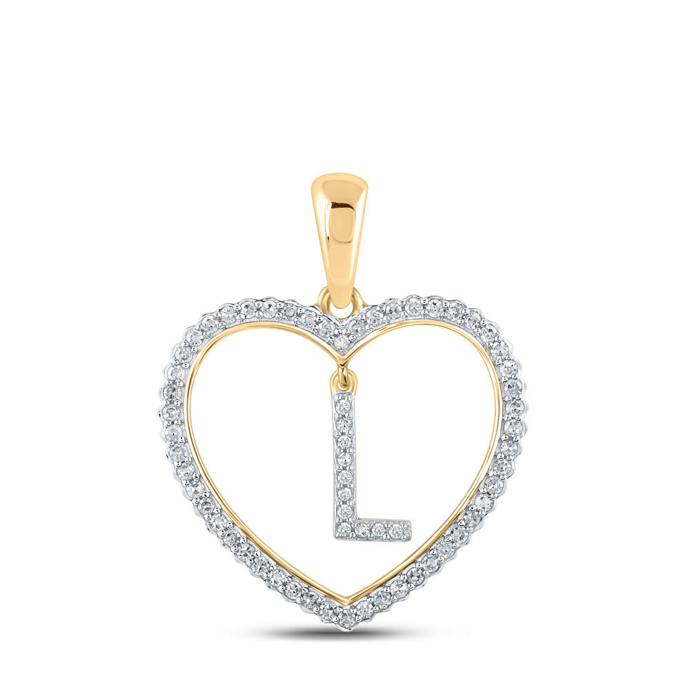 10K Yellow Gold Womens Round Diamond Heart Letter Pendant