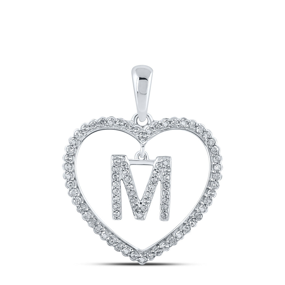 10K White Gold Womens Round Diamond Heart Letter Pendant