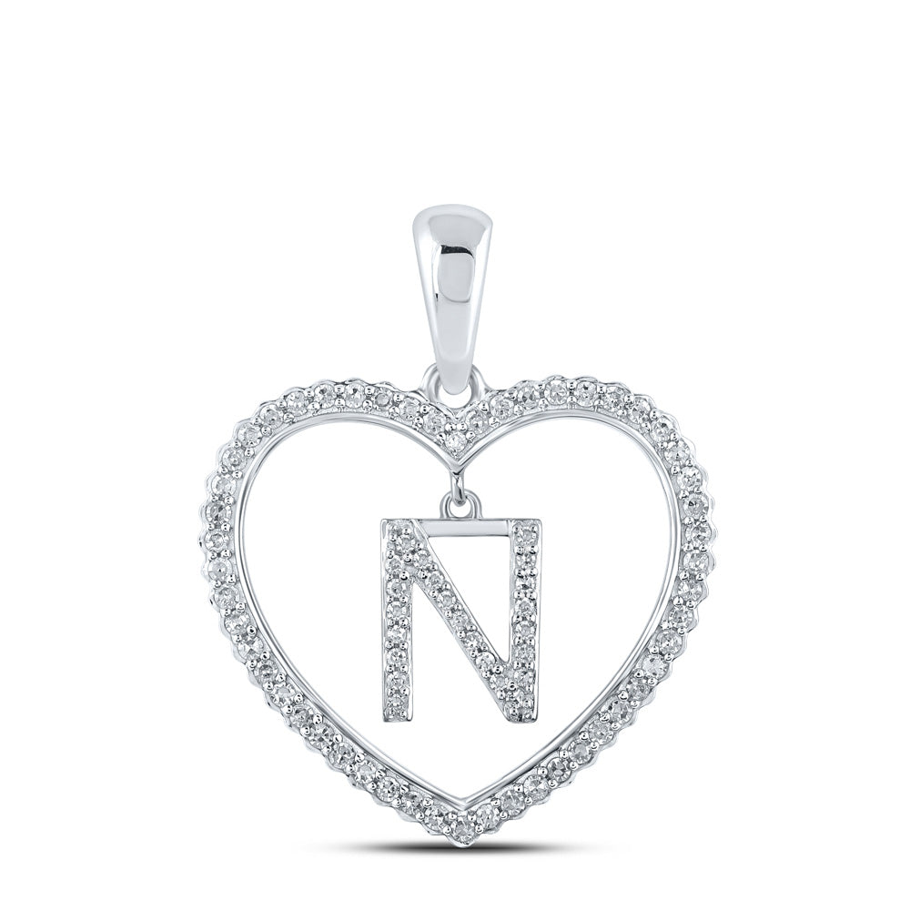 10K White Gold Womens Round Diamond Heart Letter Pendant