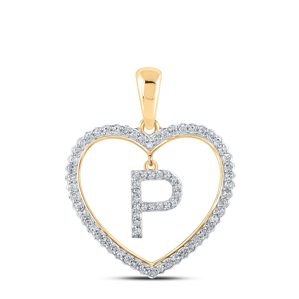 10K Yellow Gold Womens Round Diamond Heart Letter Pendant