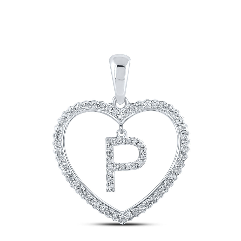 10K White Gold Womens Round Diamond Heart Letter Pendant