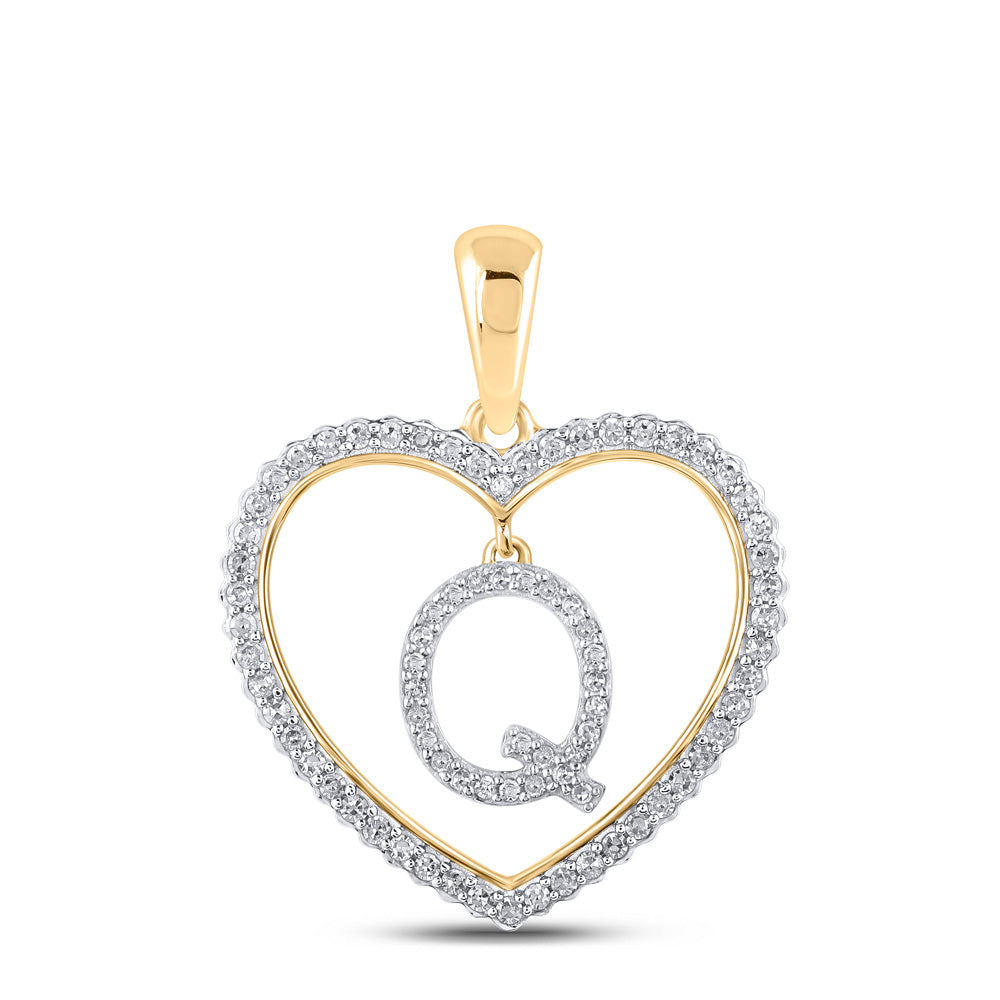10K Yellow Gold Womens Round Diamond Heart Letter Pendant