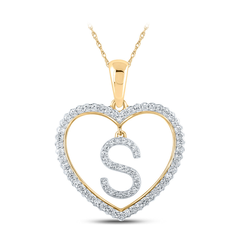 10K Yellow Gold Womens Round Diamond Heart Letter Pendant